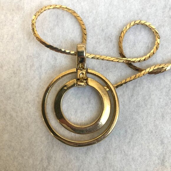 Gold Tone Circle Pendant Necklace Earring Set Rhinestone Inlay 24" S Chain - Picture 5 of 9